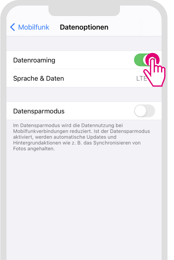 Screenshot: Menü 'Datenoptionen'. Menüpunkt Schalter 'Datenroaming' ist hervorgehoben und aktiviert