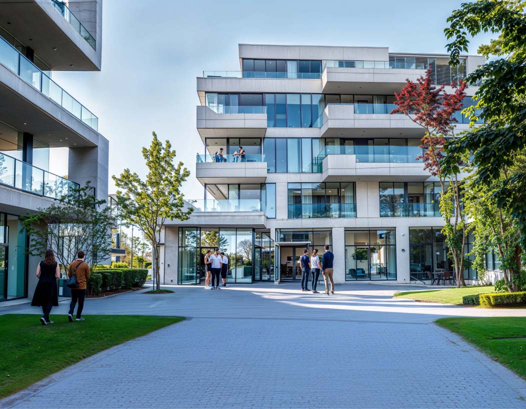 Zwei Personen mit Helm besprechen Pläne zum Immobilienbau.