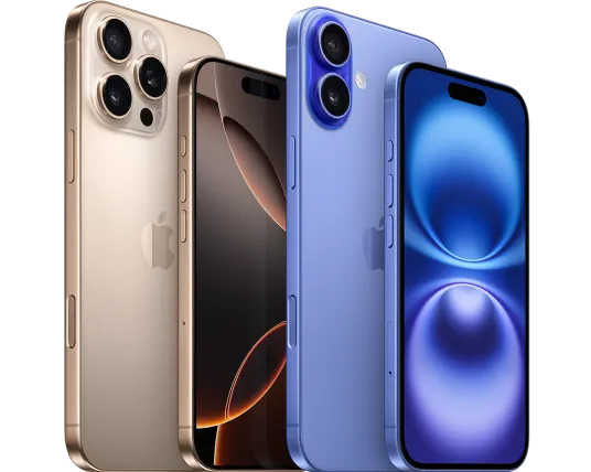 Apple iPhone 15 Pro in silber und Apple iPhone 15 in blau. Jeweils mit Vorder- und Rückseite