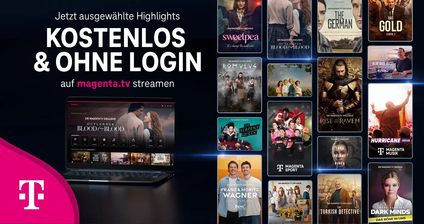 Jetzt ausgewählte Highlights: Kostenlos und ohne login bei MagentaTV streamen. Laptop zeigt MagentaTV Startbildschirm. Daneben eine große Auswahl an Serien, die bei Telekom MagentaTV Freemium kostenlos enthalten sind.